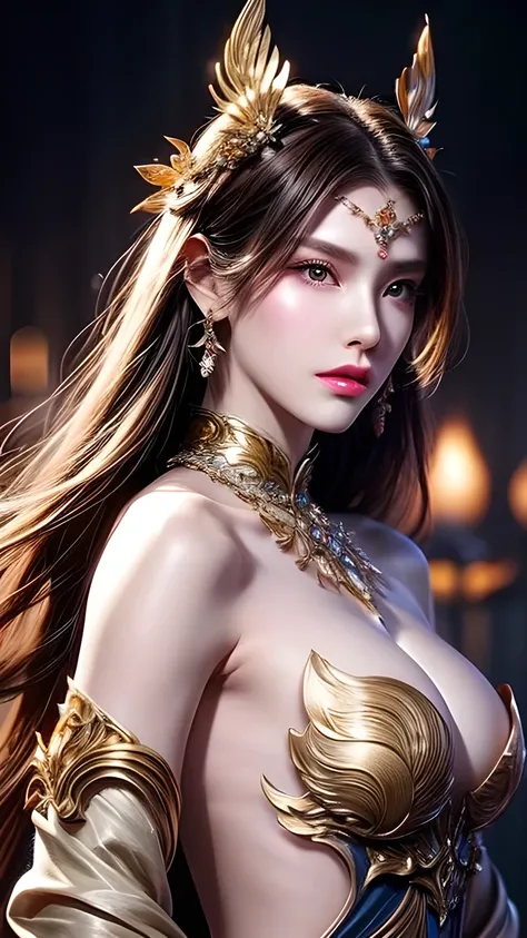 Close-up shot of a woman in a gold dress, Cheng Wei Pan Art Station , Xiuxian Sense of Technology ,  Detailed Fantasy Art  ,  Stunning Character Art  ,  epically beautiful character art ,  Exquisite Armor , Extremely detailed artistic germination, Detailed...