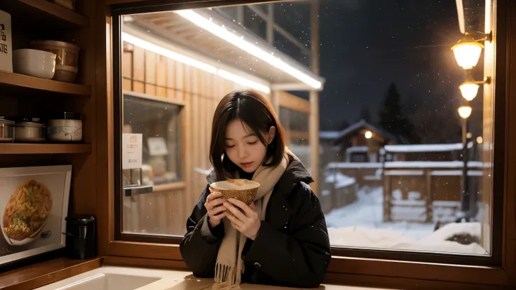 "A nostalgic and slightly melancholic illustration inspired by the song '辛味噌メモリー.' The scene depicts a snowy night in Taiki Town, with a warm and inviting ramen shop called '龍月.' The shop's window glows softly, and a bowl of steaming spicy miso ramen is pl...