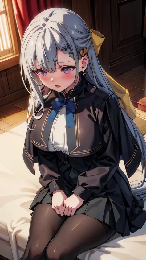 Highest quality, Cover your eyes with one hand, covering eyes, Open your mouth, Blushing, One Girl, alone, Awkward, after sex, View Audience, Ahoge, Black jacket, shirt, tie, Black gloves, skirt, pantyhose, Single earring, Horse tail, Black knee-high boots...