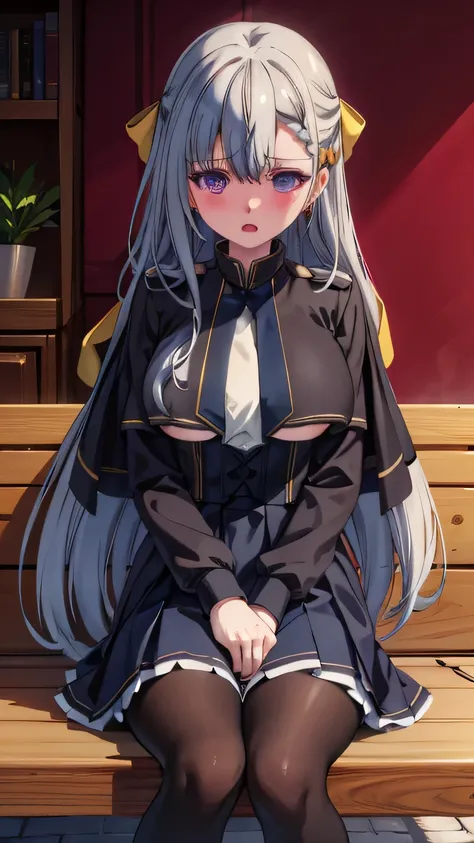 Highest quality, Cover your eyes with one hand, covering eyes, Open your mouth, Blushing, One Girl, alone, Awkward, after sex, View Audience, Ahoge, Black jacket, shirt, tie, Black gloves, skirt, pantyhose, Single earring, Horse tail, Black knee-high boots...