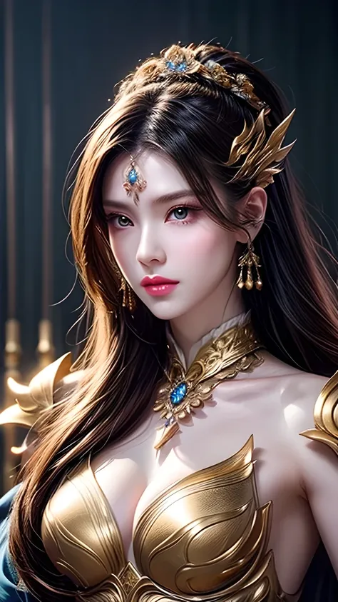 Close-up shot of a woman in a gold dress, Cheng Wei Pan Art Station , Xiuxian Sense of Technology ,  Detailed Fantasy Art  ,  Stunning Character Art  ,  epically beautiful character art ,  Exquisite Armor , Extremely detailed artistic germination, Detailed...