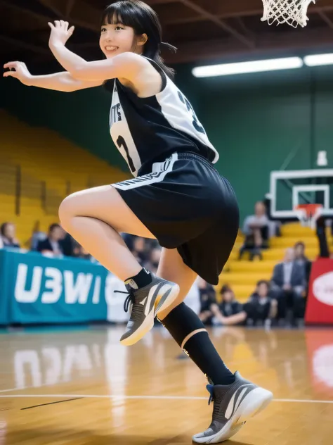 A young female basketball player executing a dynamic jump shot with precision and grace. The basketball is held firmly in both hands as she aims for the hoop, her form exuding confidence and mastery. Her slim-fit basketball uniform highlights her athletic ...