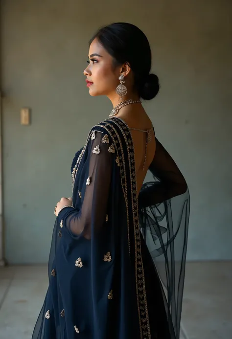 RAW photo, (Random shot, full body in frame, Side view focus, Dutch Angle), ((Asian adult female, one-person, Back of head) (traditi Indian dress, one-piece, dark navy, long length, elegant, embroidered, decoration, fascinating,) random posing, stylish, co...