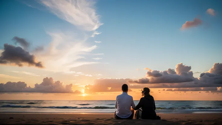 Photo of a couple sitting watching the sunset on the beach