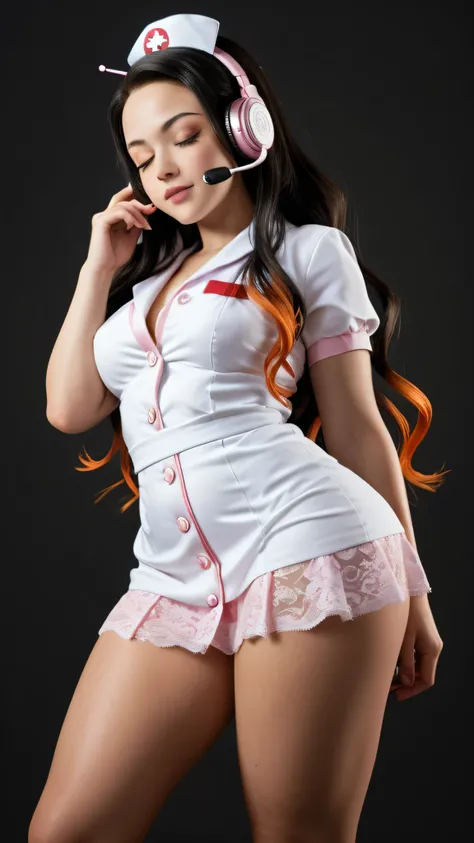 Nezuko Kamado /  KIMETSU NO YAIBA, Bicolor fur,   A woman   ,  long hair,   Eyes Closed,  very serious look,  listening to music with headphones in her ears, she opted for a mini nurse dress, lace,    medium breasts,   Not suitable for work,     fat ass,  ...