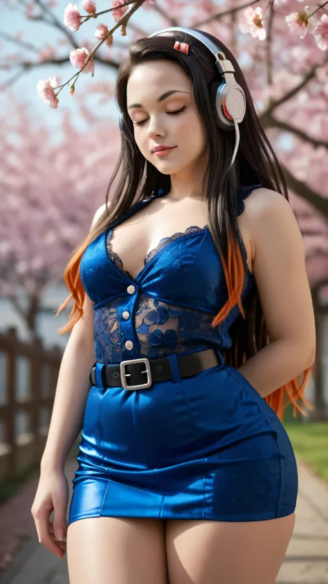 Nezuko Kamado /  KIMETSU NO YAIBA, Bicolor fur,   A woman   ,  long hair,   Eyes Closed,  very serious look,  listening to music with headphones in her ears, she opted for a mini police dress , lace,    medium breasts,   Not suitable for work ,     fat ass...