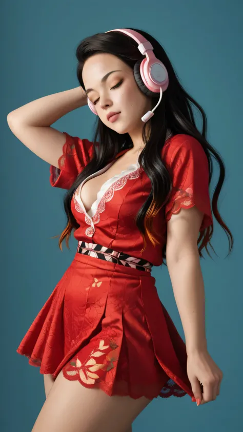 Nezuko Kamado /  KIMETSU NO YAIBA, Bicolor fur,   A woman   ,  long hair,   Eyes Closed,  very serious look,  listening to music with headphones in her ears, she opted for a red mini dress, lace,    medium breasts,   Not suitable for work ,     fat ass,   ...