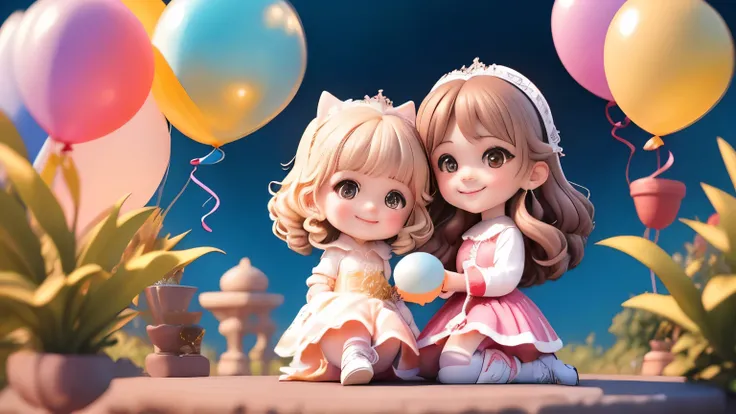  scene of a ren's park playing with balloons.,  PIXAR's colorful universe , Texture, หญิงอายุ 33 years old , brasileiro, light brown long and loose hair with a pink dress, Wearing silver earrings ,  collar , , bracelets and rings .  in her hand Her left, w...