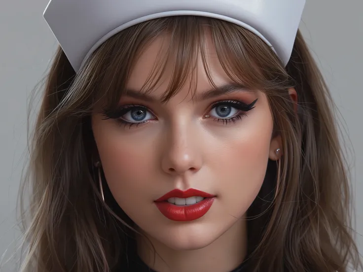 close up portrait of a nurse wearing a latex uniform, she is wearing red lip gloss, latex, kinky latex, latex choker, nurse hat, deep red lip vinyl gloss, extreme thot egirl makeup