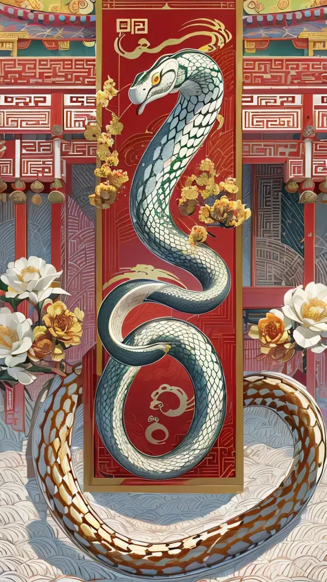  in high definition， Make an image of a snake in line with the Chinese New Year theme in an anatomically correct state、A large white snake sits like a king in the middle of the festival venue 。