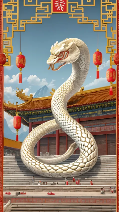  in high definition， image the Chinese New Year snake in an anatomically correct state、A large white snake sits like a king in the Forbidden City Square 。