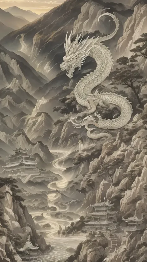  in high definition， image of the dragon god 、Deep in a mountain valley 、 image of a snake in an anatomically correct state 、 the white dragon god sits like a king among ascetics in the mountains of Guizhou Province。