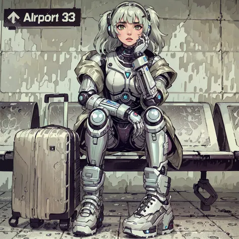 wearing a silver suit and headphones sitting on a bench, barbie cyborg, airport, glitchpunk girl, ana de armas as an android, cyborg fashion model, retrofuturistic female android, fashionable cyberpunk mechanoid, woman and robot, cyberpunk robot, cyborg w...
