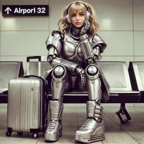 wearing a silver suit and headphones sitting on a bench, barbie cyborg,  airport, glitchpunk girl, ana de armas as an android, cyborg fashion model, retrofuturistic female android, fashionable cyberpunk mechanoid, woman and robot, cyberpunk robot, cyborg w...