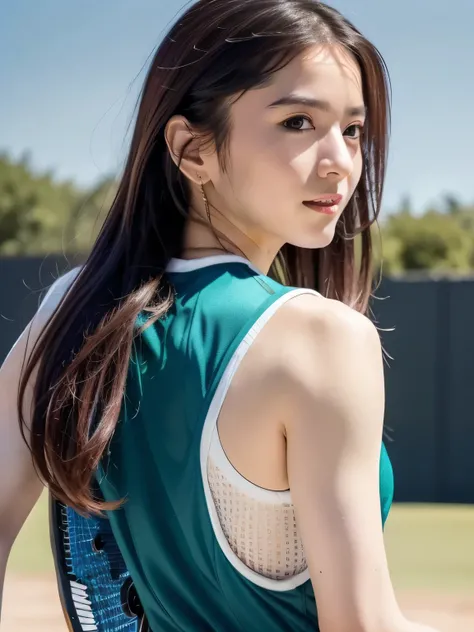 A young female tennis player dressed in a sleek blue tennis outfit stands ready, with her white undergarments visible. gripping her tennis racket with both hands in a poised and focused stance. The sunlight highlights the crisp lines of her attire and the ...