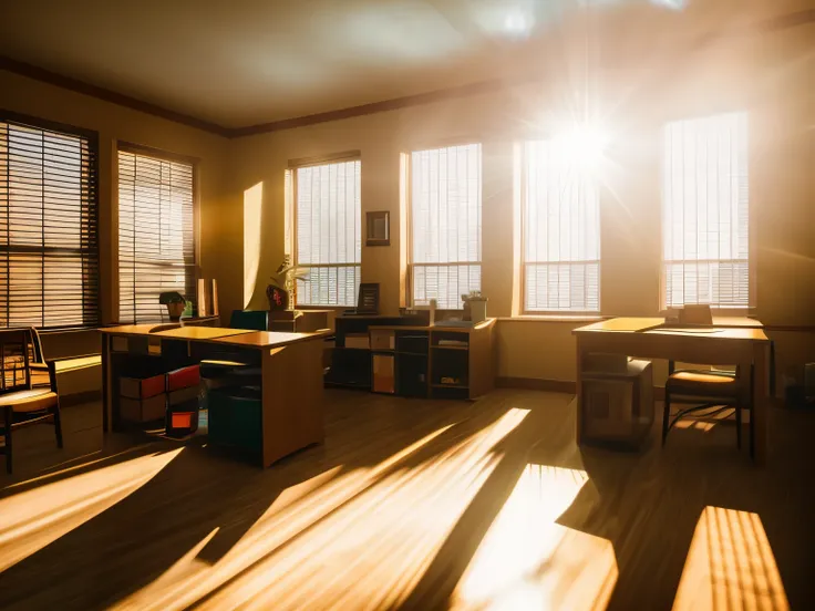 sunlight shining through the windows of a living room with desks and chairs, sunlight beaming down, sunflares;back to camera, sunflare, sunlight shining through windows, sunlight shining through, sunlight through windows, the sun is shining wide shot, lens...