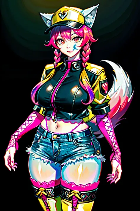 (best quality:2.0), (crisp:2.0), (highres:2.0), (((a rich yellow and pink gradient wolf tail:2.0))), anime, full body:2.0, (single image), (solo beautiful lady:2.0), (masterpiece:2.0), (detailed face:2.0), (detailed eyes:1.4), ((denim shorts:2.0)), ((thick...