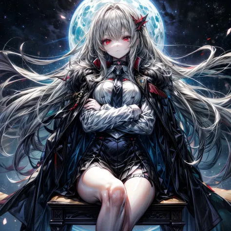 Anime girl sitting on a chair with her arms crossed,  Ark Knights, Nightcore,   White Haired God  ,  silver-haired ,  red eyes, Expressionless, bare thighs,  thigh strap , Choker, black uniform