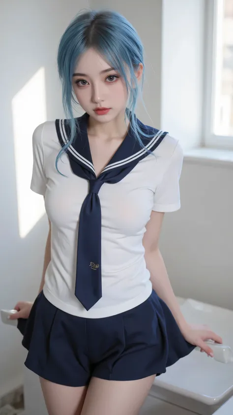 (Sexually suggestive content warning ) [( masterpiece: 1.1,  best quality: 1.1),  Shy schoolgirl in uniform shows off, emphasis, , a pure , Slightly 0.8 Blue Hair, Wet,