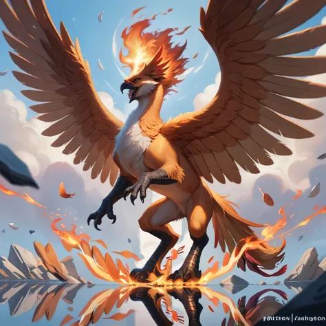 phoenix flying, wings, feathers, wild, escape from cage, border between realms, reflection, shards around, breathing flame, burning, deep details, ultra realistic effects, glowing,