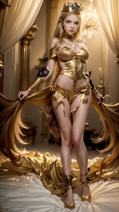  blonde woman in a purple and gold costume poses on a bed,  glamorous elegant cosplay  , ornate cosplay, cosplay glamouroso, Lux de League of Legends, Deusa cinematográfica de  full body costume  ,  fancy dress , Amouranto as a supervillain , golden clothe...