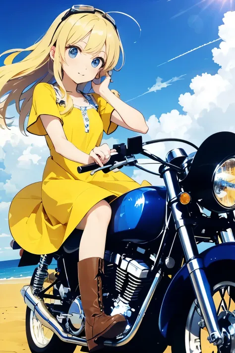 (Ride a classic motorcycle )、（Goggles and helmet）、 summer, Wind, scratch, sun,, Perfect face and blonde hair、Wearing a light summer dress、Delicate beauty in black boots、