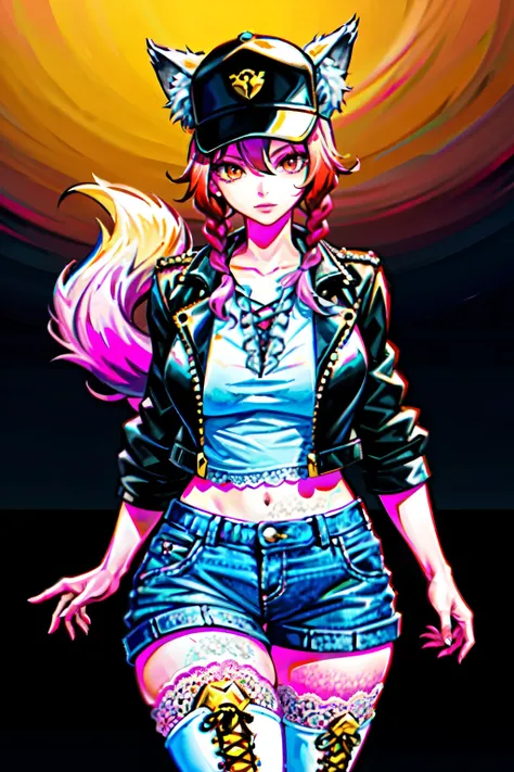 (best quality:2.0), (crisp:2.0), (highres:2.0), (((a rich yellow and pink gradient wolf tail:2.0))), anime, full body:2.0, (single image), (solo beautiful lady:2.0), (masterpiece:2.0), (detailed face:2.0), (detailed eyes:1.4), ((denim shorts:2.0)), ((thick...