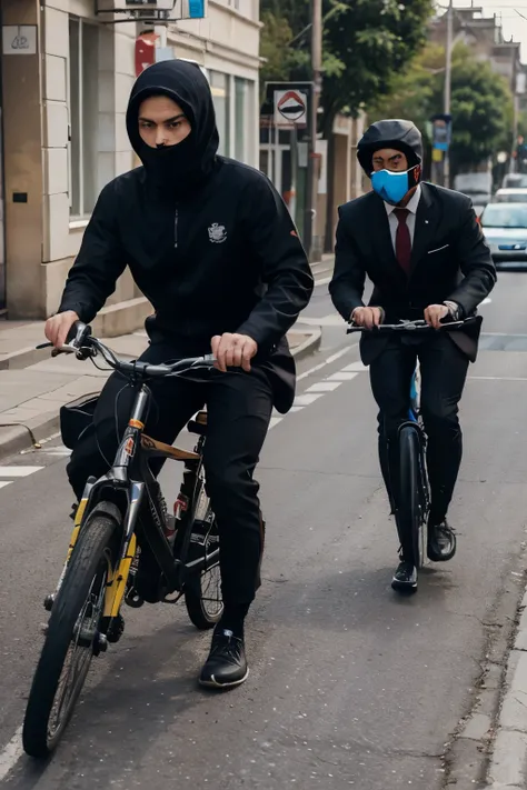 The three armed robbers in black suits cloth, shooting on the road, the two cats in red school uniform were running away by driving bike