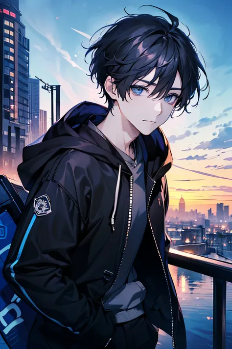 (((最 High Quality ))), ( High Quality , Breathtaking),( Expressive Eyes , 1 personのmaleの子, male,Dark Hair,Light Hair,beautiful blue eyes,  smiles,  hoodie,黒の  hoodie,無地の  hoodie, wearing black pants ,Town,alone, 1 person,City,City's Town 