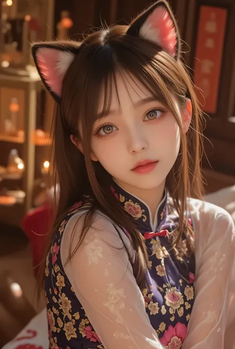 Cat ears、 face up、((( Lying in Bed)))  attractive,   pretty girl, ponytail、  ((   fine facial features  , eroticism)),   dramatic lighting    ,  realistic , 8k,     Dramatic Shadows  ,    intricate and elaborate patterns     ,      super detailed photo    ...