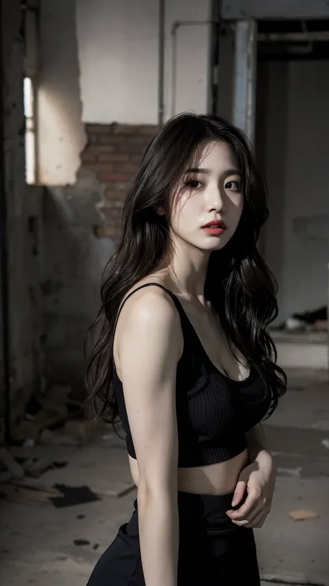 Top quality, 1 beautiful woman, wavy long hair, (wearing black tank top:1.2), black long skirt, 35mm lens, f/1, large chest, feeling good, Ruins in disrepair, Seductive pose, (Desaturated tones:1.2), full body