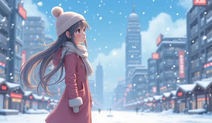 3d animation, beautiful anime girl in winter suit, winter season, stand still, Tokyo city, she is looking on the sky, she so beautiful.