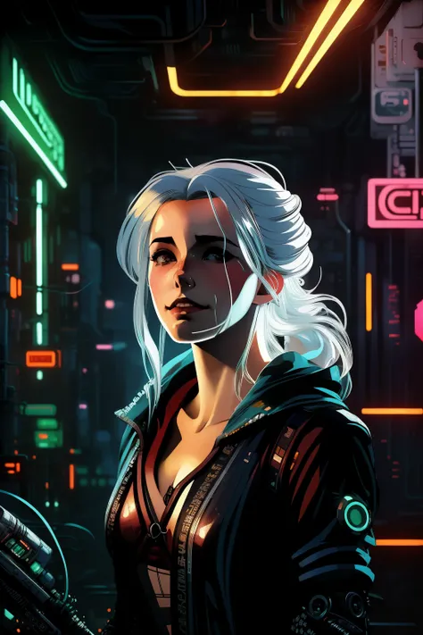 ((anime art style illustration) of (Ciri as a cyberpunk girl))), ((LED lights)), (((weird cyberpunk hairstyle))), perfect features, (((dynamic pose))), (((starship interior))), (((Syd Mead art style))), abstract beauty, near perfection, pure form, concept ...