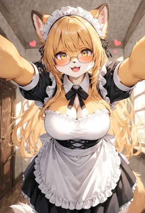 1girl, animal ears, blonde hair, long hair, open mouth, yellow eyes, blush, breasts, :3, maid headdress, glasses, maid, dress, apron, short sleeves, looking at viewer, outstretched arms, solo, tail, furry female, furry, smile, heart, body fur, indoors, ani...