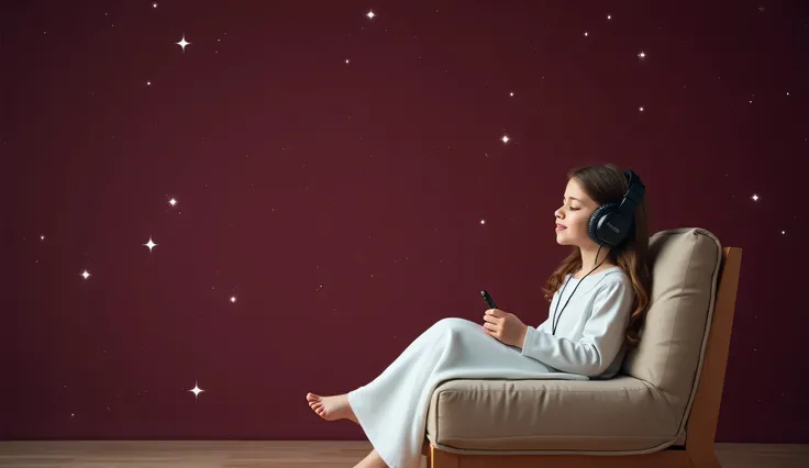 A small Arab  in a white dress with headphones on, eyes closed, a sofa is on left side    is sitting on it. The 's face is turned to the left, and the background features maroon-colored stars and galaxies.