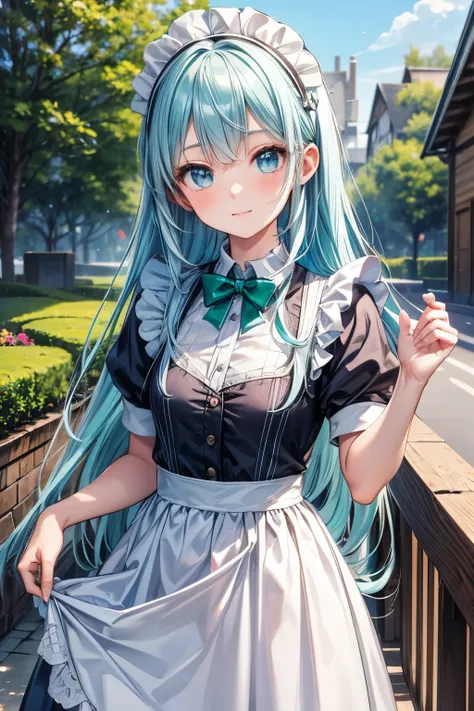 masterpiece, best quality, very detailed,photo is present, is present,  ultra high resolution,  masterpiece, Beautiful Girl, light blue hair with a slender body, straight hair, long hair, emerald eyes, perfect eyes, small breasts , so cute,Maid,青いMaid服, lo...