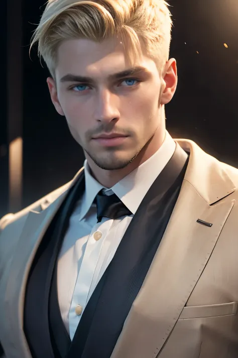 sexy male with blonde short hair, 20 years, suit, looking at the viewer, beautiful face, attractive face, model face, male face, detailed eyes, light eyes, muscle body, beard, extremely detailed face, hyper detailed, realistic, photorealistic, 8k, high qua...