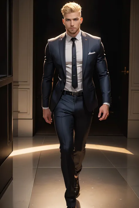 sexy male with blonde short hair, 20 years, suit, looking at the viewer, beautiful face, attractive face, model face, male face, detailed eyes, light eyes, full body, muscle body, beard, extremely detailed face, hyper detailed, realistic, photorealistic, 8...