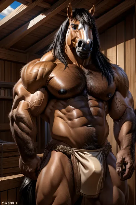 ((By Chunie)), ((By Zaush)) ((By Darkgem)), ((By Anhes)), handsome, sexy, hot, male furry anthro ((Horse)), ((realistic)), naked, inside shed, male, male Horse, Equinel, muscles, abs, pecs, naked, nude, nipples, nice nipples, bottomless, detailed, detailed...