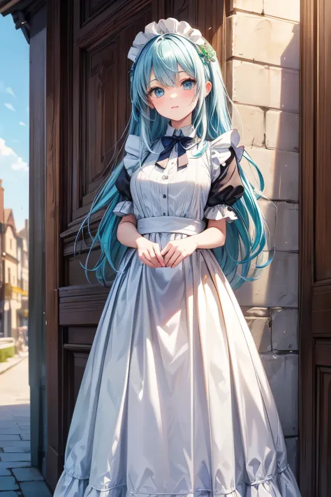 masterpiece, best quality, very detailed,photo is present, is present,  ultra high resolution,  masterpiece, Beautiful Girl, light blue hair with a slender body, straight hair, long hair, emerald eyes, perfect eyes, small breasts , so cute,Maid,青いMaid服, lo...