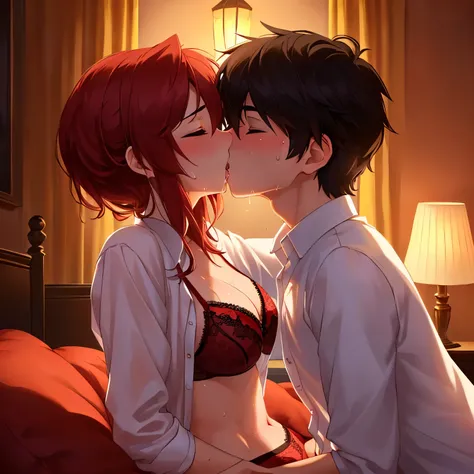 Young boy shirtless kissing woman wearing unbuttoned sheer white shirt and sexy red lingerie underneath, intense scene, dark room, one lamp, warm lighting, very erotic, sweaty, lustful, passionate, making out