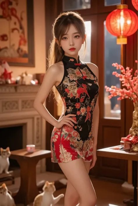 A close-up, head-and-shoulders portrait of a beautiful Korean idol with fine facial features and a ponytail, wearing a red-black-gold short cheongsam with some black-transparent sections, adorned with intricate gold or silver phoenix and floral embroidery....