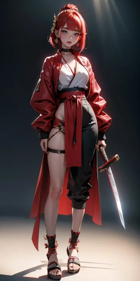 (masterpiece:1.2), best quality,CG,3d, samurai girl,
1 sister, Red eyes, ear nipple ring, alone, hair color, jewelry, looking at the audience, Vague, Full body female love, through bangs, red hair clothes, jacket, Squat down, Vague background, collar, Shor...