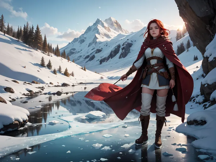 Create an image of a half-elf sorceress with fiery red hair, dressed in practical brown adventurer's attire, including sturdy boots and a travel-worn cloak. She stands confidently despite the absence of her right forearm, her left hand glowing with icy mag...