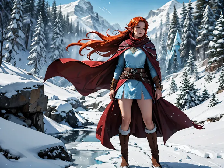 Create an image of a half-elf sorceress with fiery red hair, dressed in practical brown adventurer's attire, including sturdy boots and a travel-worn cloak. She stands confidently despite the absence of her right forearm, her left hand glowing with icy mag...