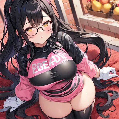 Black hair

Puff hair

Two wavy black locks down her sides

Black cat eye glasses

Pink surgical mask

Thick body

Pear shaped body

Amazing bust 

Thick bottoms

Yellow t shirt

Pink pajamas 

White latex gloves on her hands