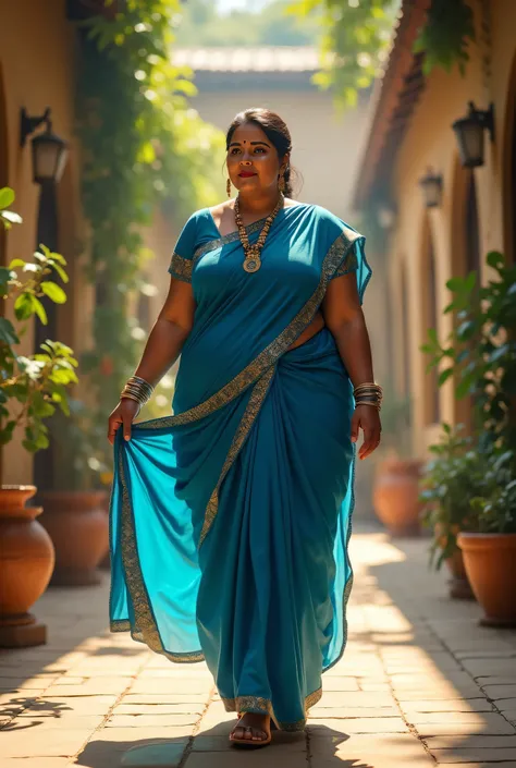 Fat woman walk wearing blue sari