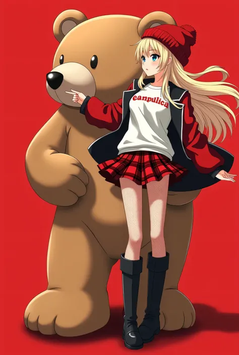   anatomically correct ,     anime girl with a giant teddy bear behind in the background,     she is half profile     ,     red and black plaid miniskirt     ,     three-quarter fishnet stockings     , long black boots,     white sweatshirt with red letter...