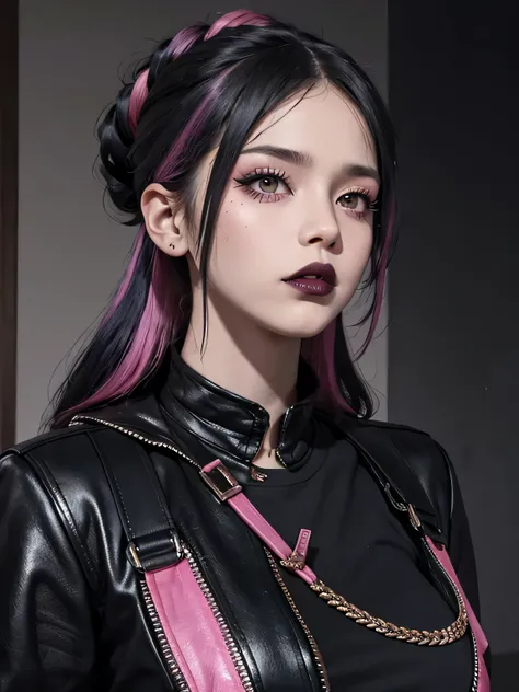 A rebellious punk girl with a striking hairstyle featuring black lips and black hair with pink streaks. The image captures her edgy look in a moody indoor setting. Her dark and vibrant appearance contrasts beautifully against the subdued background, showca...