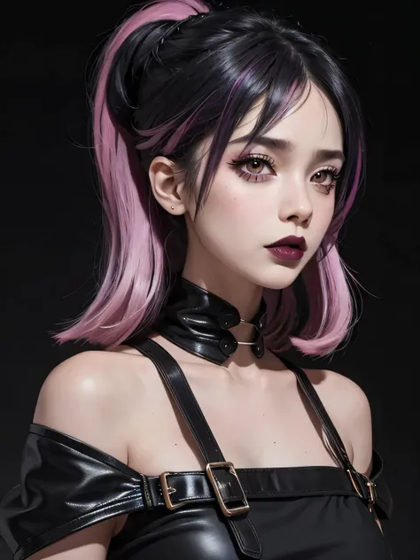 A rebellious punk girl with a striking hairstyle featuring black lips and black hair with pink streaks. The image captures her edgy look in a moody indoor setting. Her dark and vibrant appearance contrasts beautifully against the subdued background, showca...